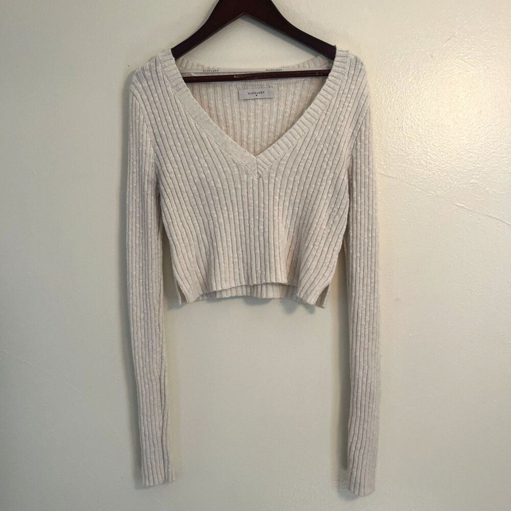 NUDE LUCY Jamie V Neck Knit Cotton Cropped Longsleeve Sweater, Milk- Small